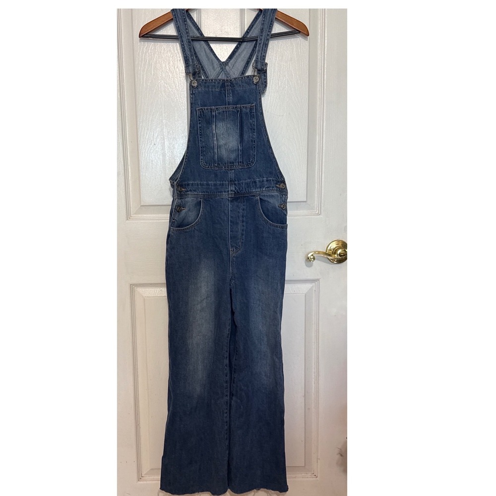 Kidscool Space Blue Denim Wide Leg Bib Overalls‎ Size 165 Frayed Hem